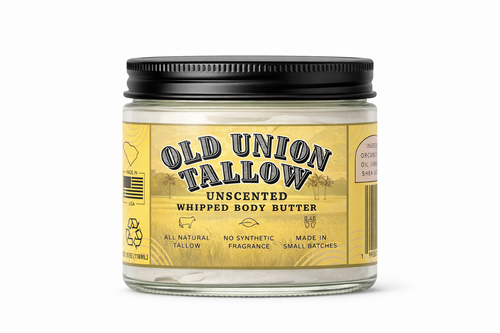 Jar of Old Union Tallow unscented whipped body butter on a white background